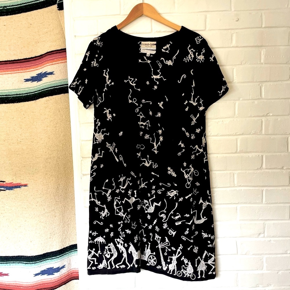 Vintage David Dart Maxi Dress Art to Wear Pictograph Women’s Size Medium Rayon